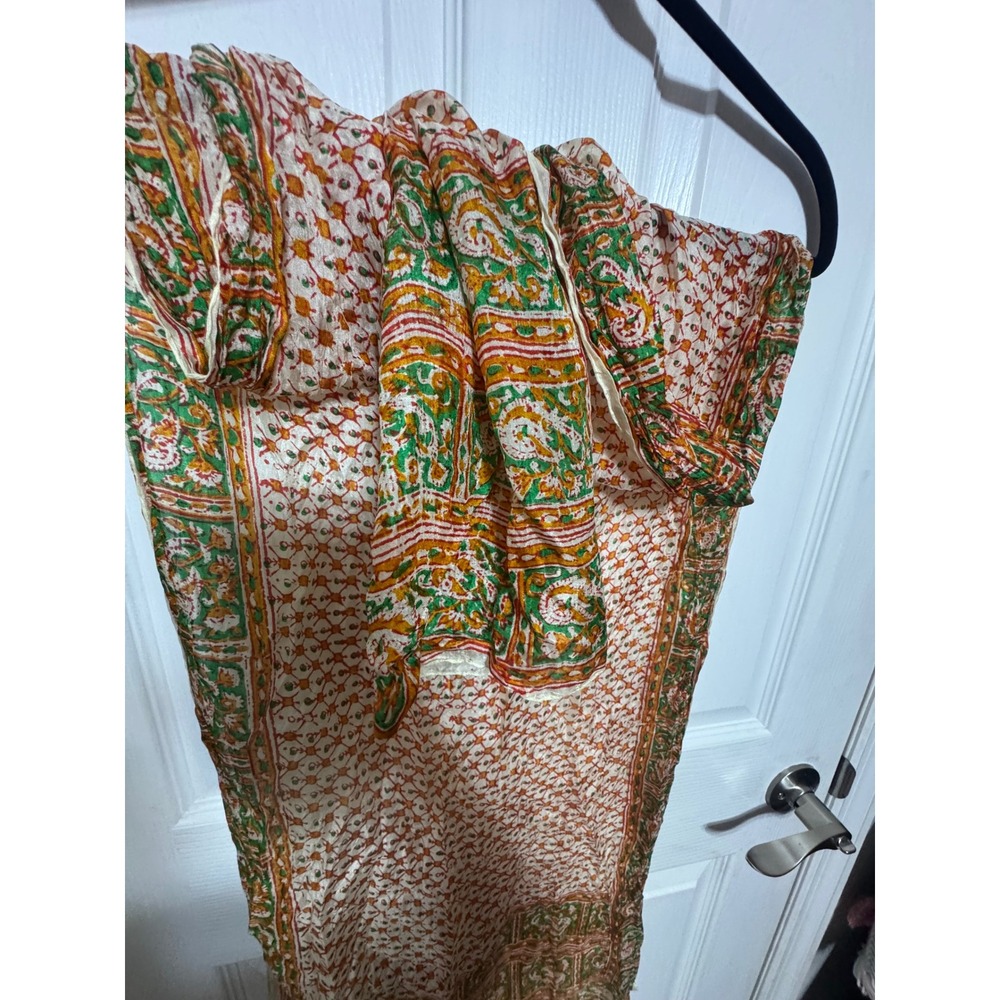 VTG Jere Cavanagh Silk Scarf Orange Green Paisley Block Print Made in India